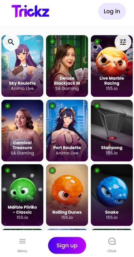 Bläddra bland livespel och minispel i Trickz mobilapp